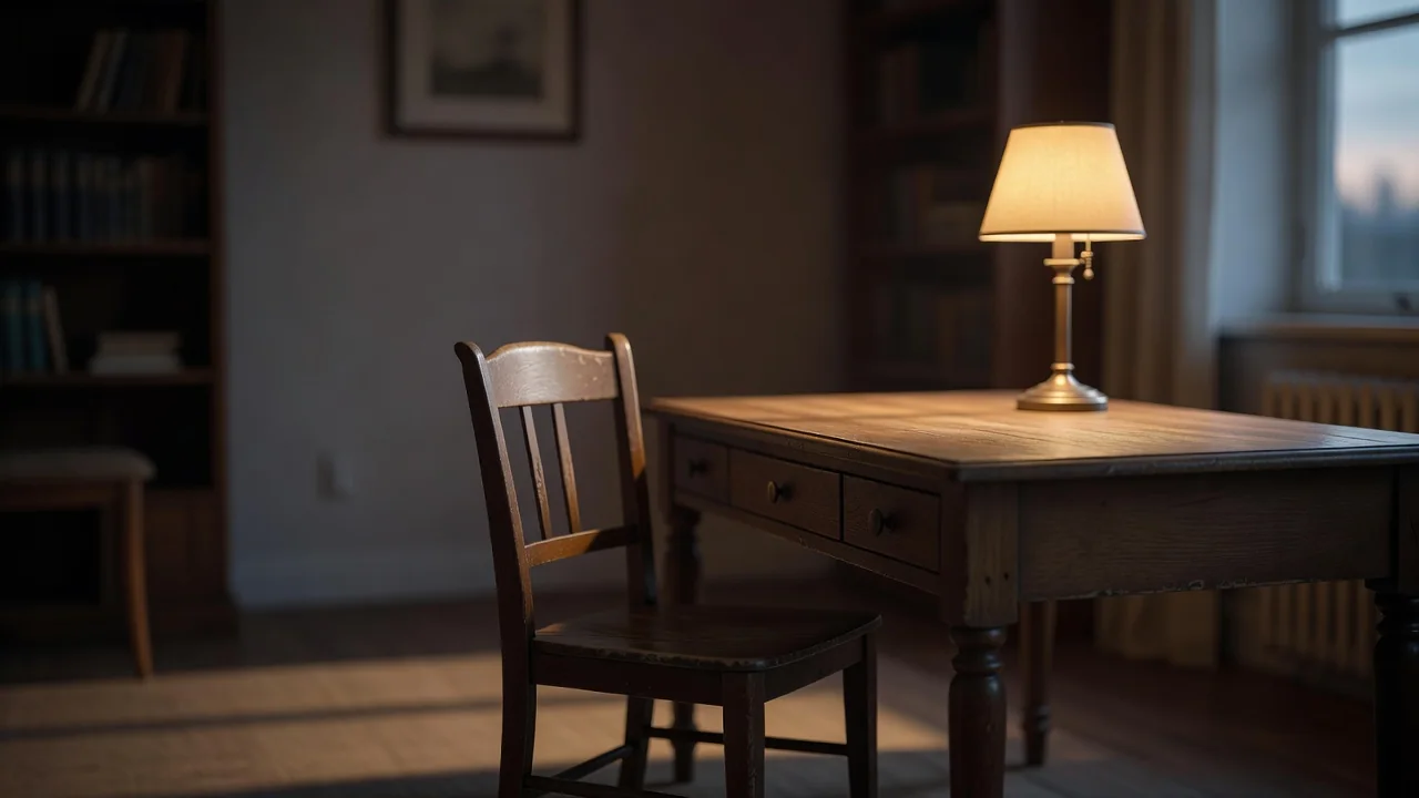 Empty chair at a desk with a warm lamp in a calm room