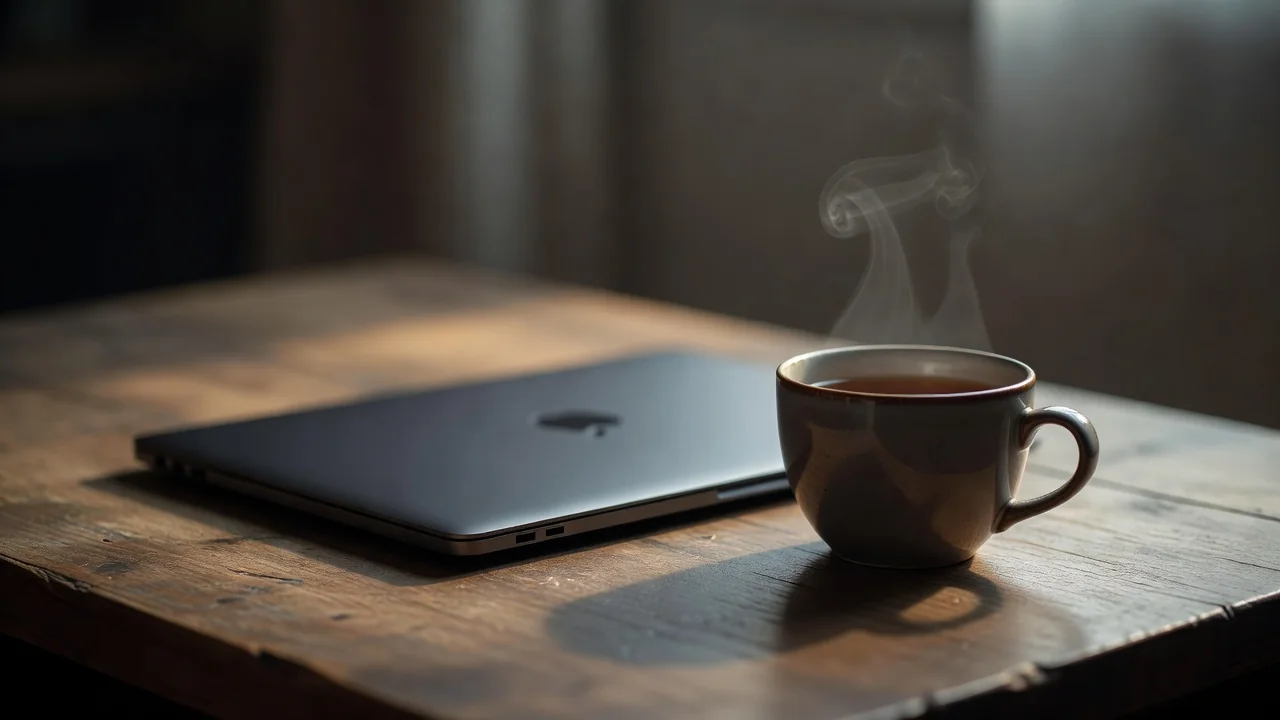 Closed laptop beside a cup of tea in soft morning light