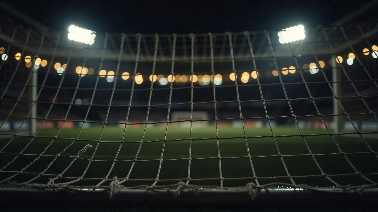Goal net close-up at night with stadium lights bokeh
