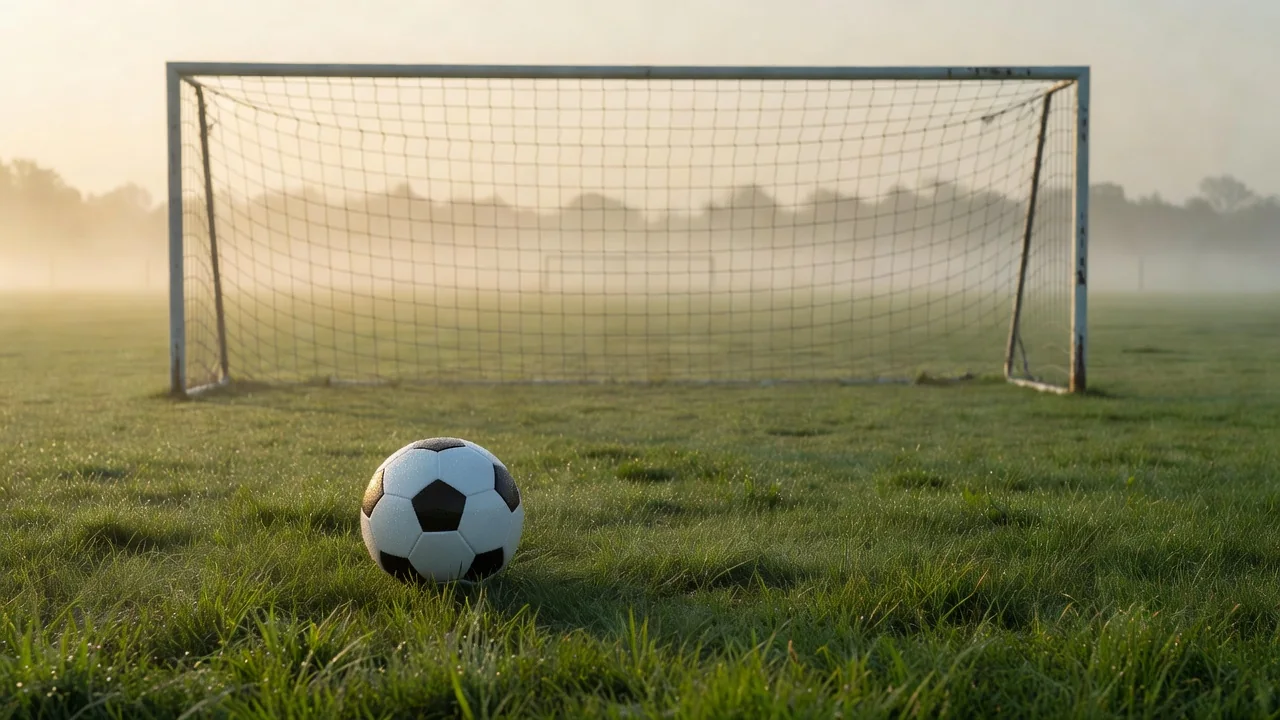 Close-up of a football on the penalty spot with an empty goal behind, shallow depth of field