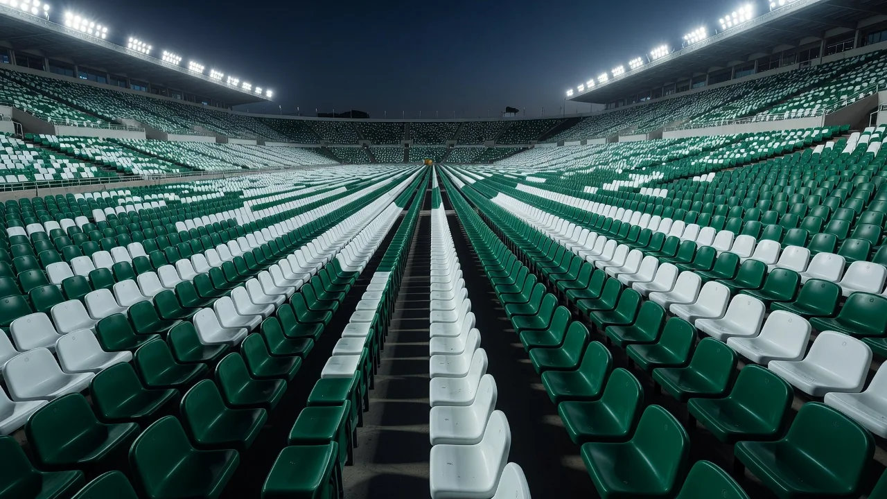 Panoramic view of a packed modern European football stadium under floodlights at night