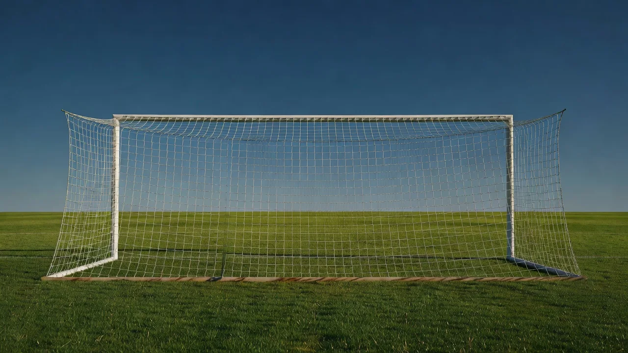 Goalpost and white net seen from behind the goal against a clear sky
