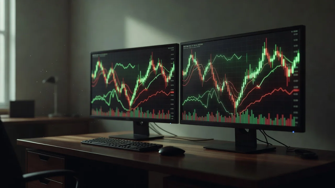 Quiet home office with two monitors showing football statistics and a staking spreadsheet