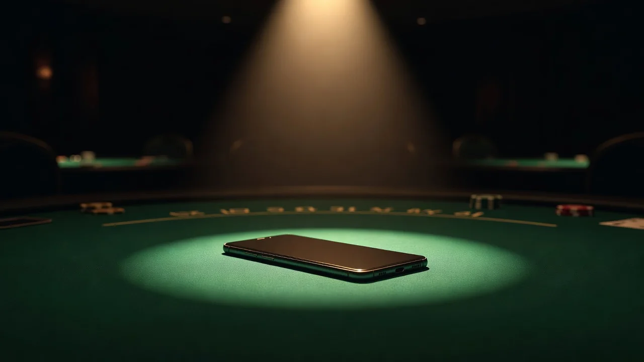 Android smartphone on green felt table under warm light