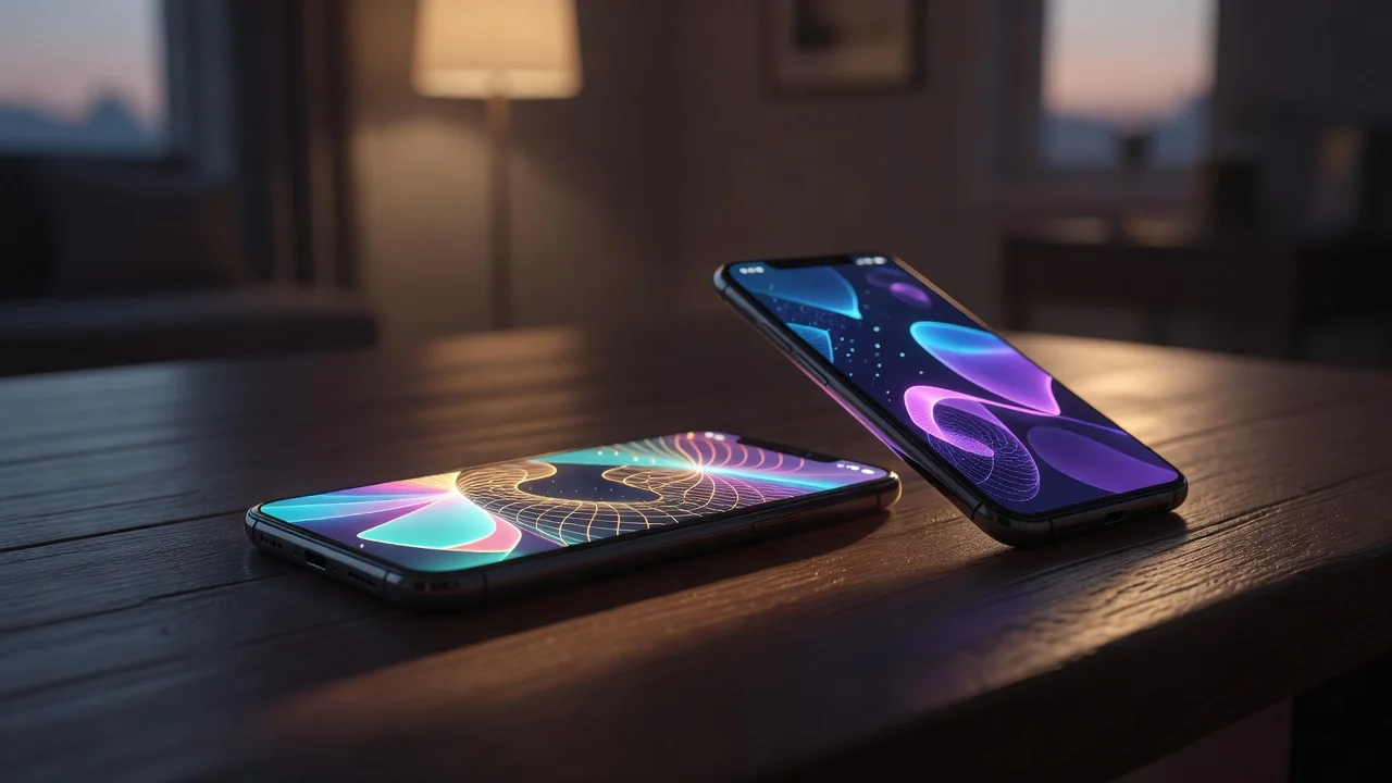Modern smartphone glowing on a dark desk beside a laptop at night