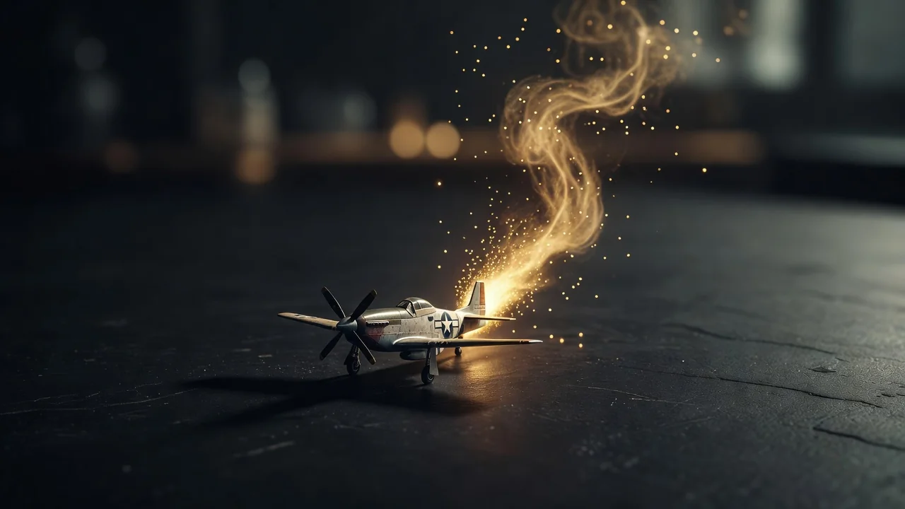 Small model airplane on a dark surface with a rising light trail