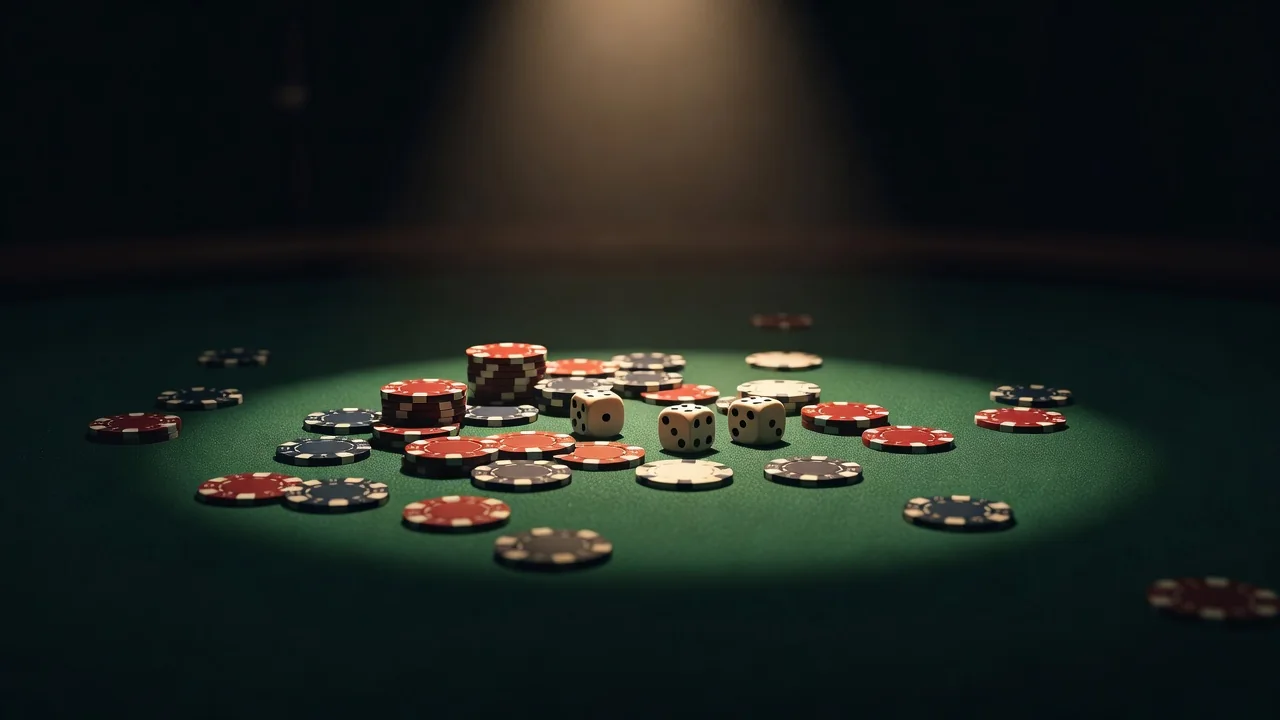 Casino chips and two dice on green felt in moody light