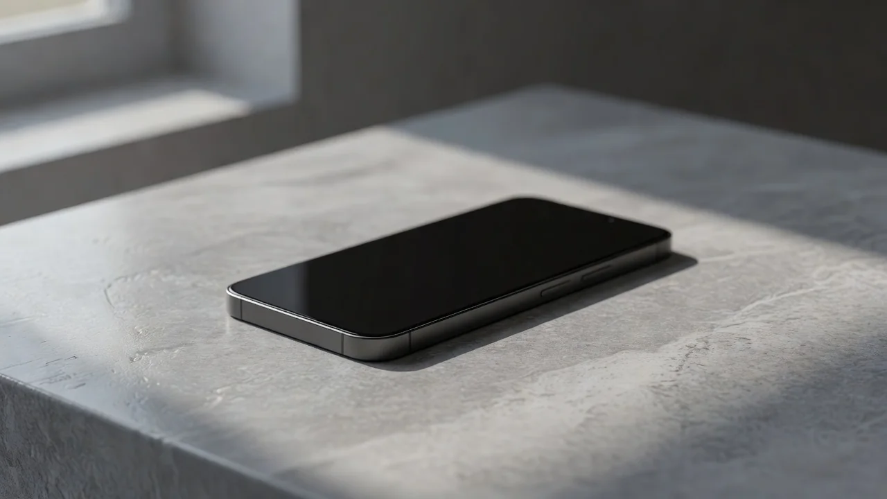 Minimalist smartphone on a light gray surface with soft shadows