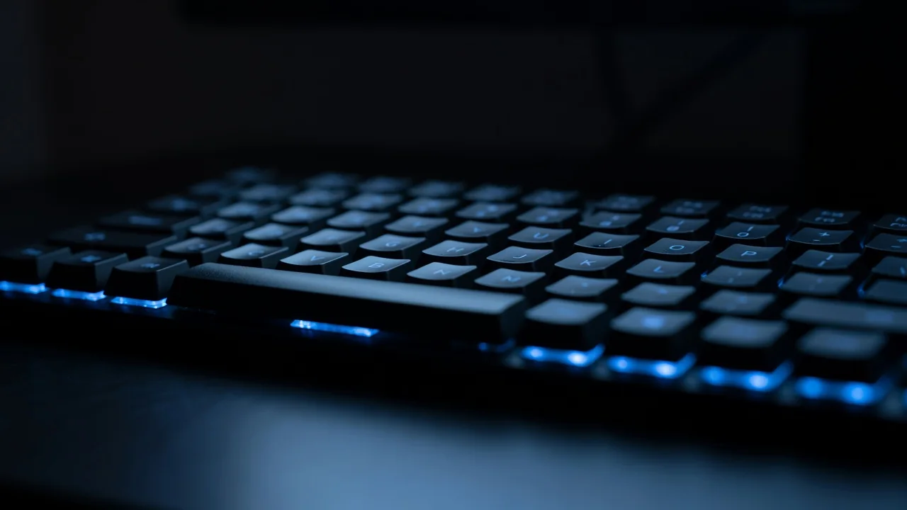 Backlit keyboard macro in a dark room with blue glow