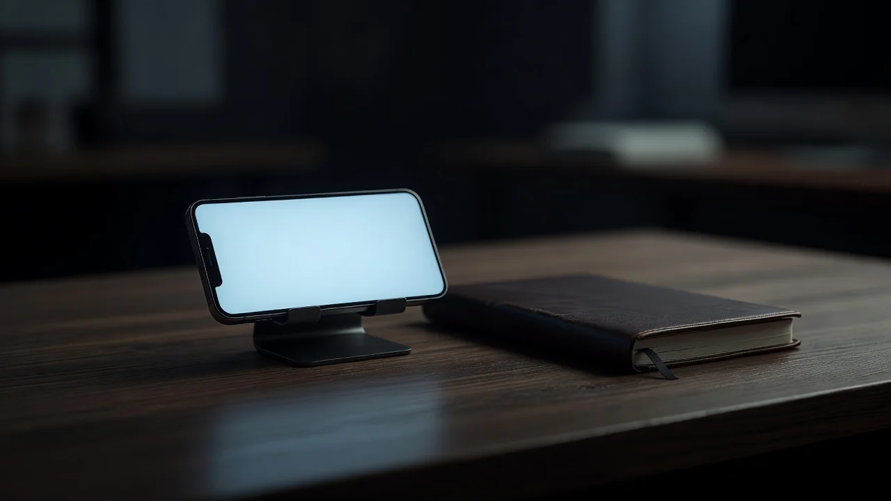 Smartphone in a desk stand glowing at night beside a notebook