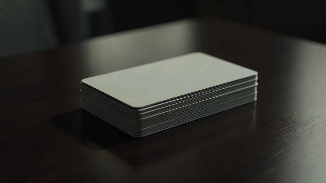 Stack of blank matte bank cards on a dark reflective table