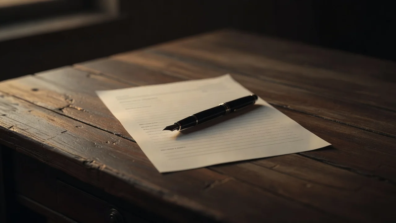 Pen resting on a blank paper form on a wooden desk in warm light