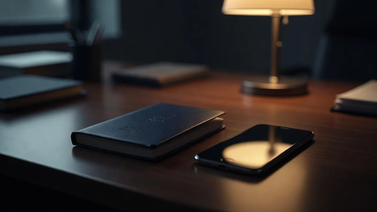 Closed passport-style booklet and phone on an office desk