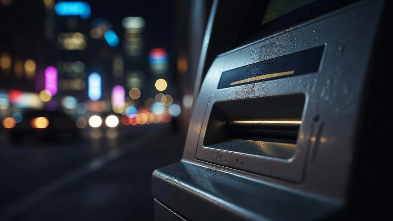 ATM card slot macro at night with city lights bokeh