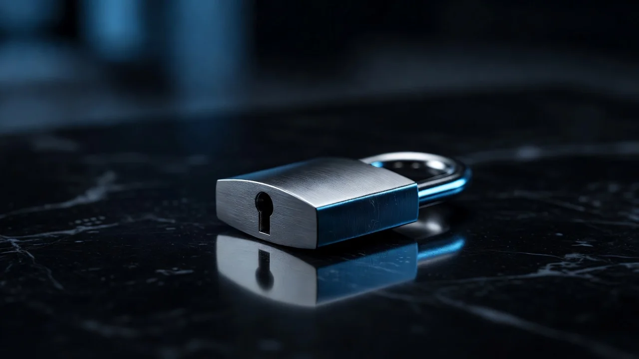 Metallic padlock macro on a dark reflective surface