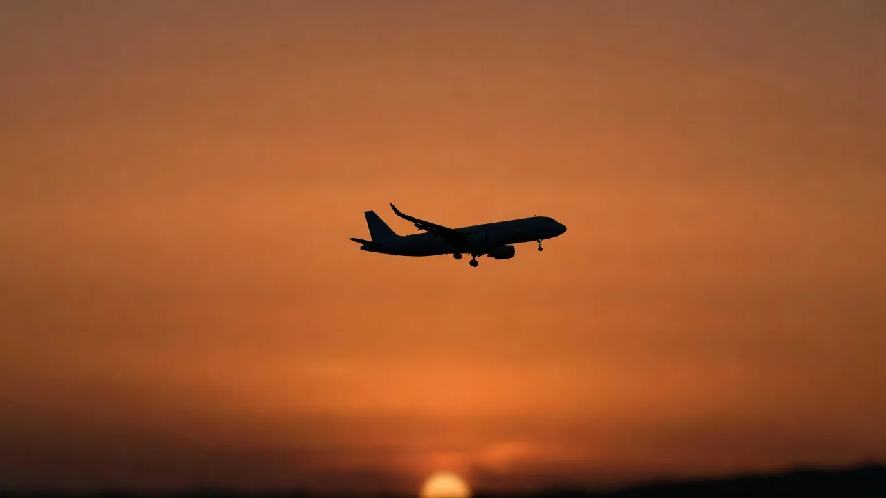 Jet plane silhouette crossing an orange sky at dusk