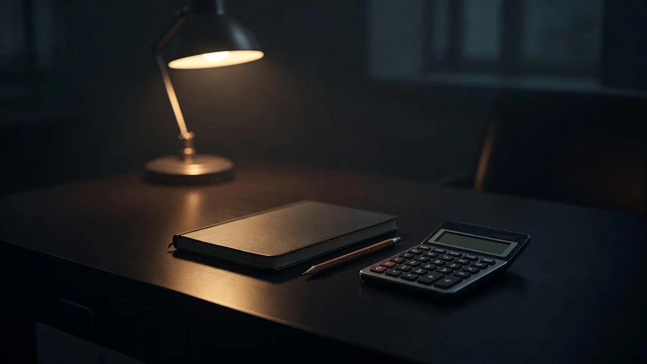 Notebook, pencil and a calculator with a blank display on a dark desk