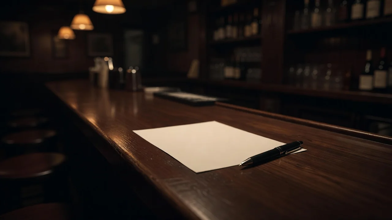 Blank paper slip and a pen on a wooden bar counter