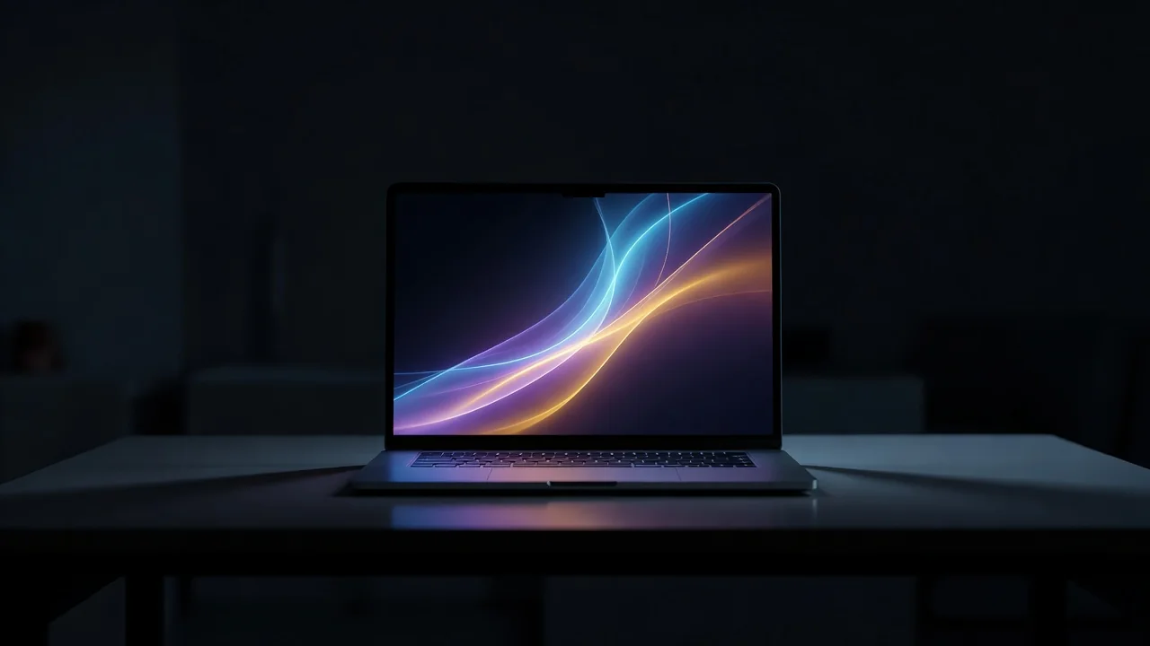 Laptop with a glowing abstract match visual in a dark room