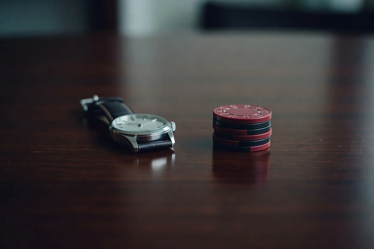 Wristwatch and casino chips placed apart on a table in soft light