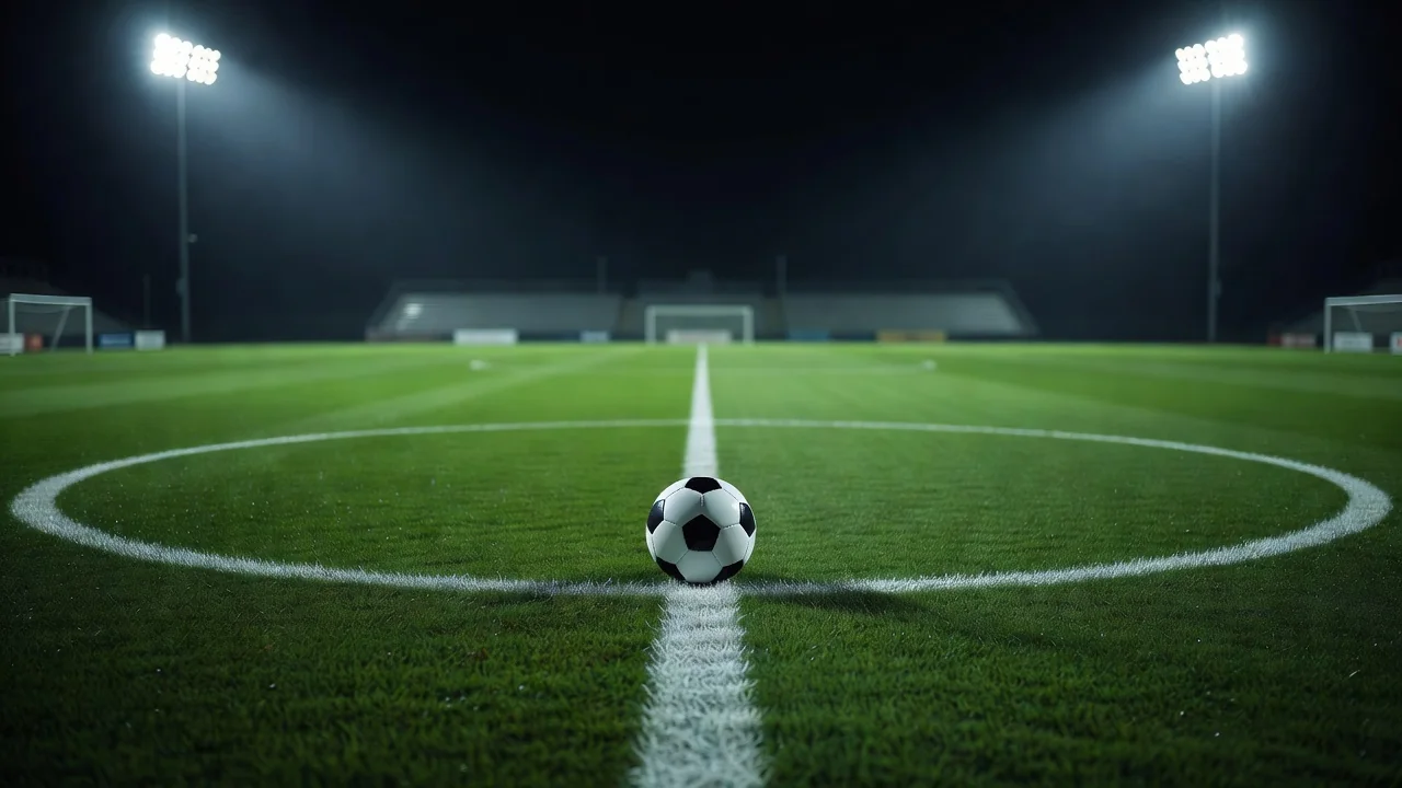 Soccer ball on the center circle line of a night pitch